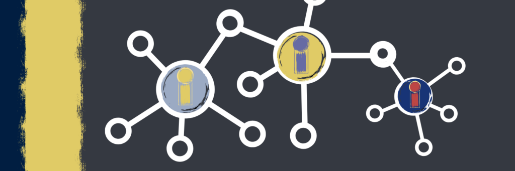 icons of systems with several nodes, sometimes connecting, sometimes not, with a brushstroke figure in the middle of each