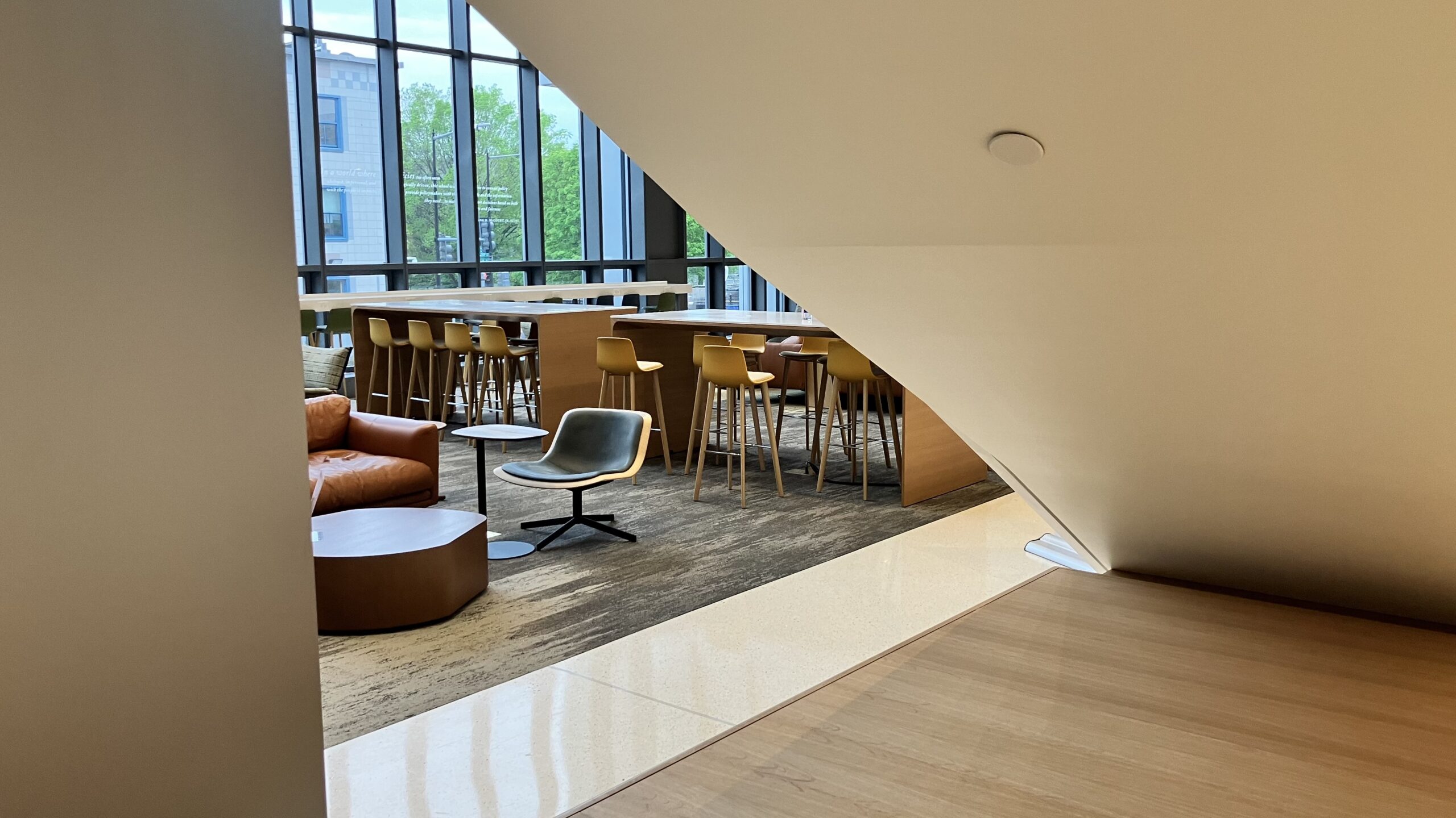 Looking from underneath the stairs into the McCourt common area