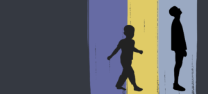 Brush strokes in blue and yellow, with silhouette of boys in relief in front