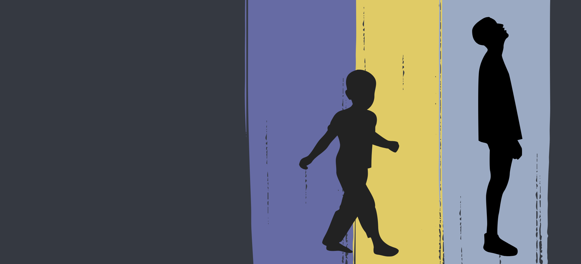 Brush strokes in blue and yellow, with silhouette of boys in relief in front