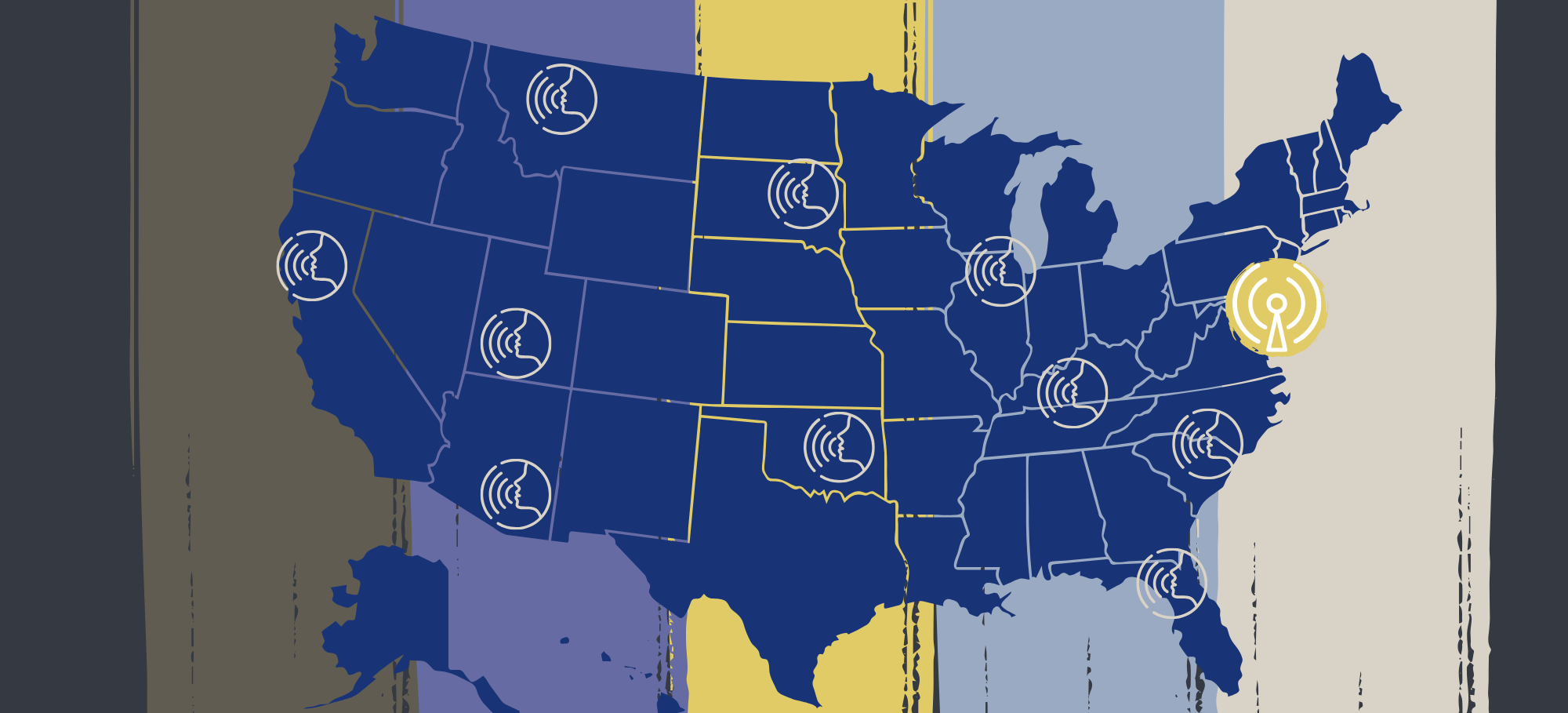 Map of the US with brush strokes behind, and voice icons in different states to broadcast stories