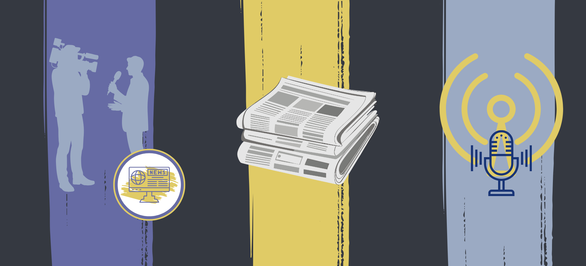 graphics of news anchor, newspaper stack, and podcast mic