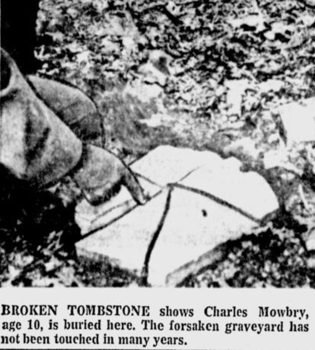 Photo clipping from the 1872 Afro, hand pointing to broken tombstone