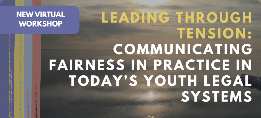 Title of Workshop "Leading Through Tension: Communicating Fairness in Practice in Today's Youth Legal Systems" over picture of sunrise over cold waters