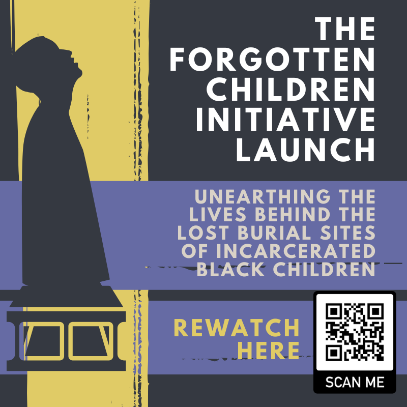 Text: The Forgotten Children initiative Launch over black background and bold yellow paint brush, within a silhouette of a black child and a cinder block