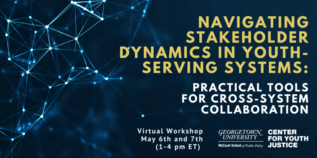 text "Navigating Stakeholder Engagement in Youth-Serving Systems" over dark blue background with lights connecting like stars and neurons representing engagement and systems