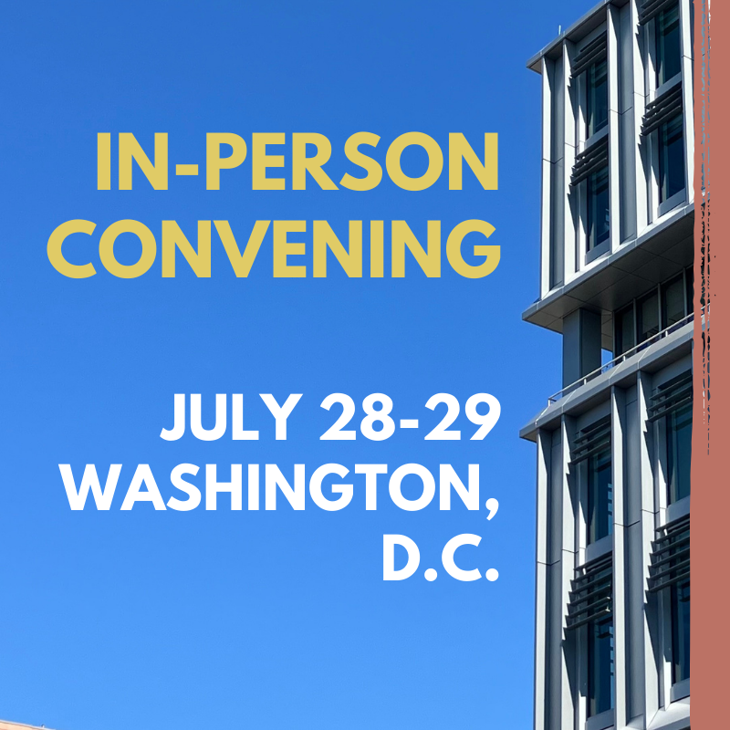 text "in-person convening" over picture of McCourt building and blue sky