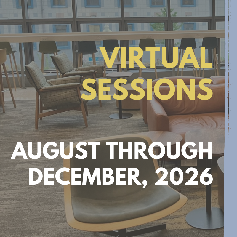 text "virtual sessions" over picture of McCourt lounge with chairs