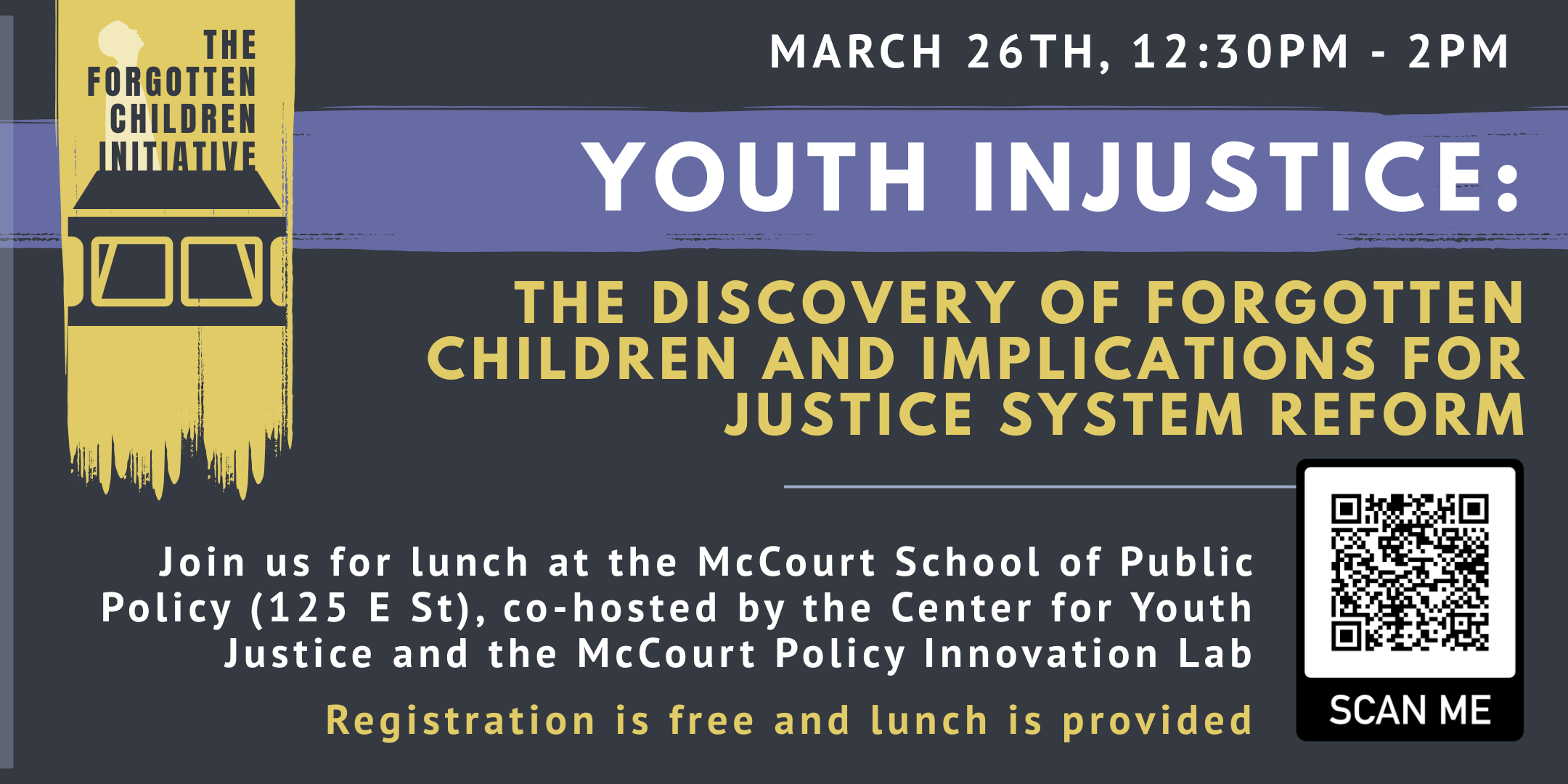 Title of event "Youth Injustice" over paint splashed in blue and yellow, with Forgotten Children Initiative logo.