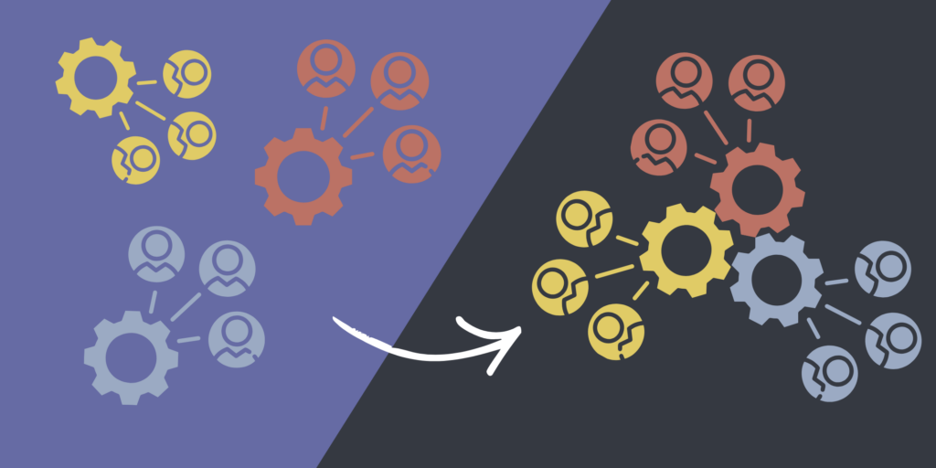 On the left, icons of figures around three different gears in disarray, while on the right, those three figures locked together in collaboration