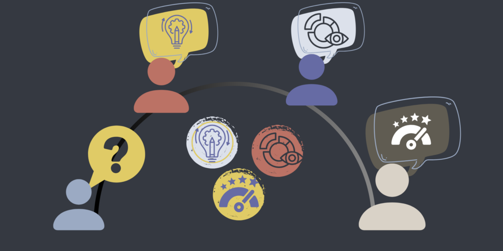 icons of figures asking questions and discussing shared data around a circle
