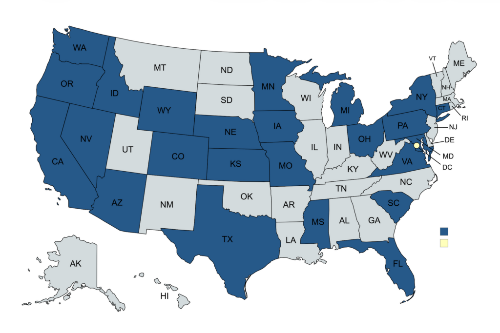 Map of the United States with States filled in blue where the CYPM is implemented.