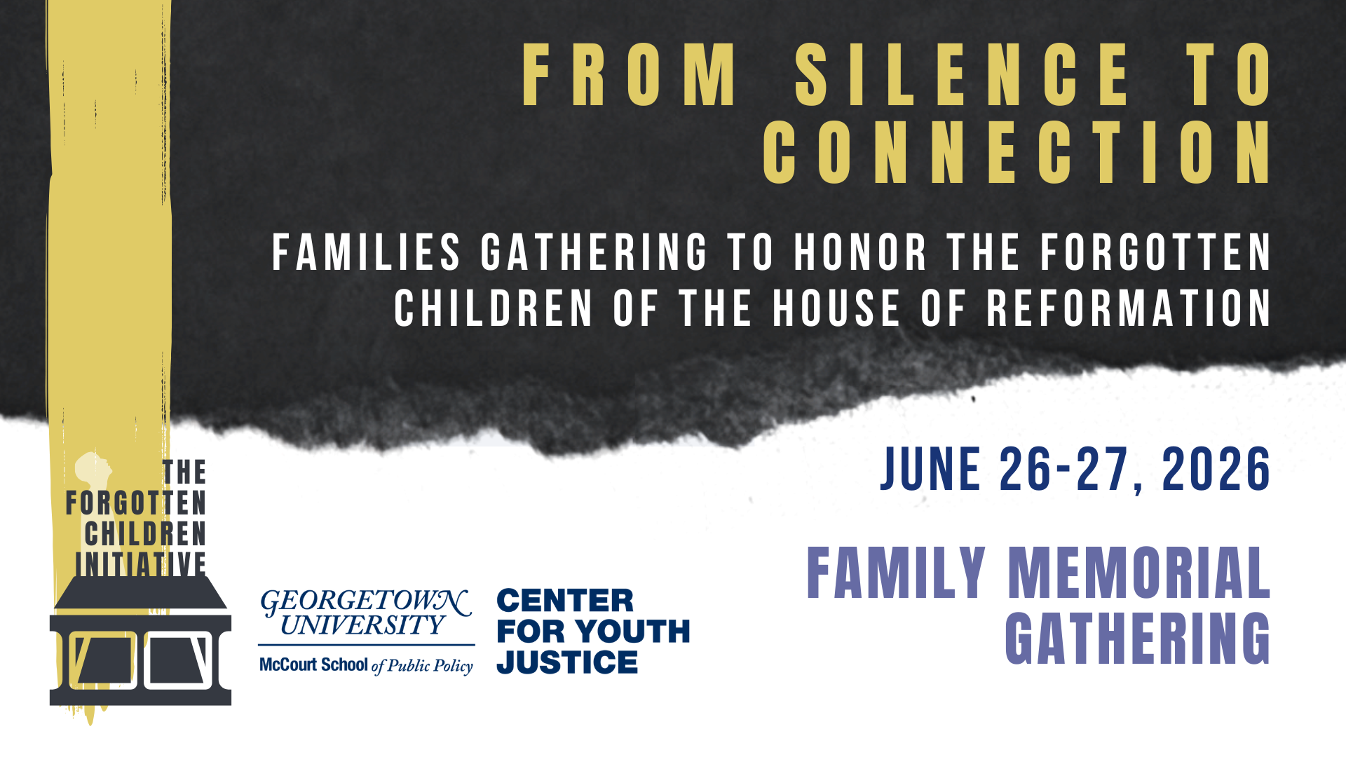 Text: From Silence to Connection over dark background signifying night, and white background signifying the ground, next to a yellow brush stroke or pillar of light down to the Forgotten Children logo