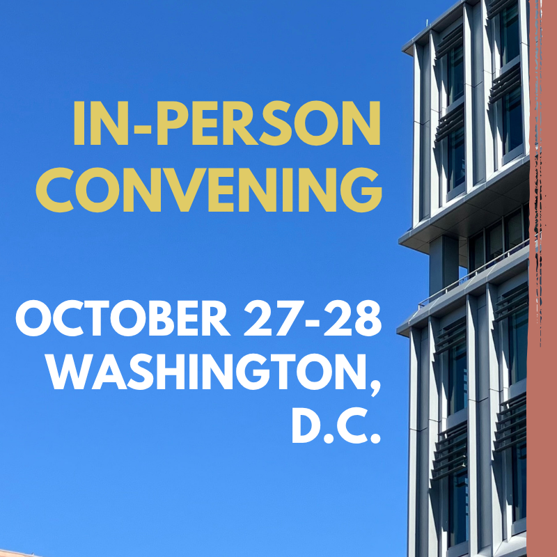 In-Person Convening October 27-28 text over picture of McCourt building