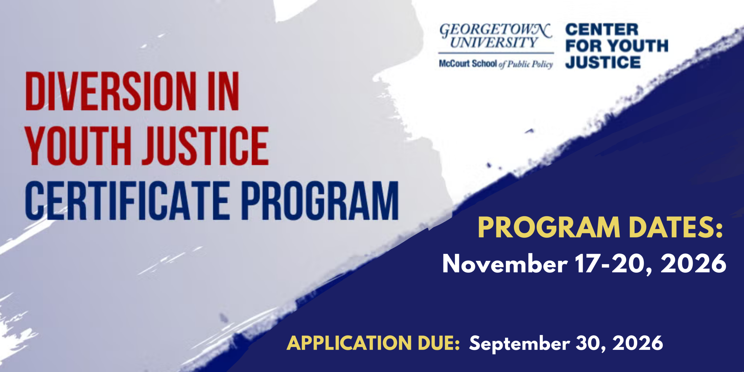 Diversion in Youth Justice Header showing program dates (November 17-20, 2026) and application deadline (September 30, 2026).