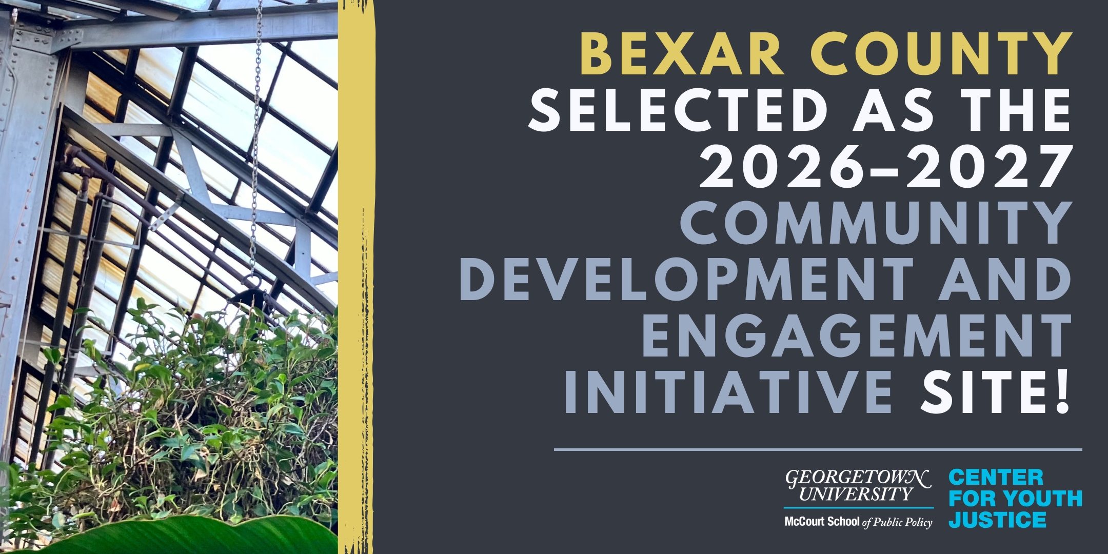 Text Bexar County Selected over dark background and conservatory dome with plants on side