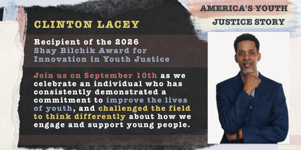 Clinton Lacey photo over dark background and text announcing him as recipient of award, with red, white, and blue brush strokes