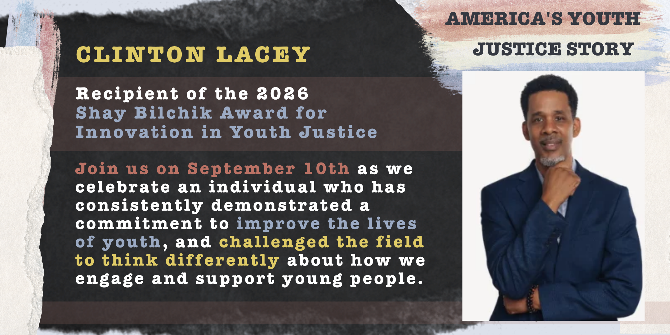 Clinton Lacey photo over dark background and text announcing him as recipient of award, with red, white, and blue brush strokes