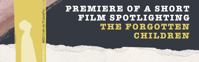 Text Premiere of Short Film on dark background with wrapped paper and Forgotten Children icon