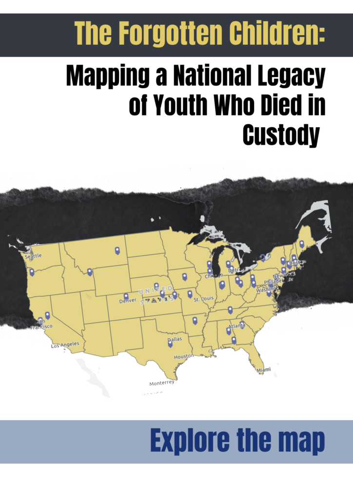 Continental United States Map in yellow with blue map pins, text above "Mapping a National Legacy of Youth Who Died in Custody"
