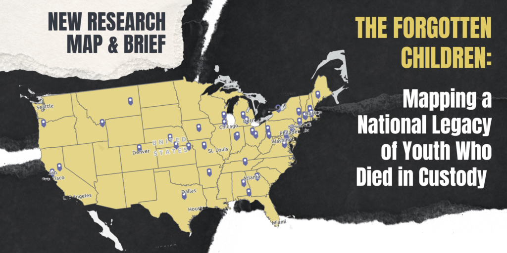 United State Map with pins over patched together dark paper with text New Research Brief and Map