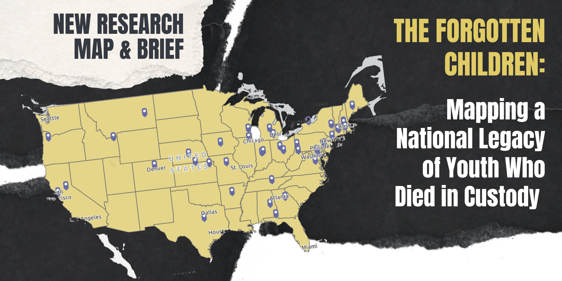 United State Map with pins over patched together dark paper with text New Research Brief and Map