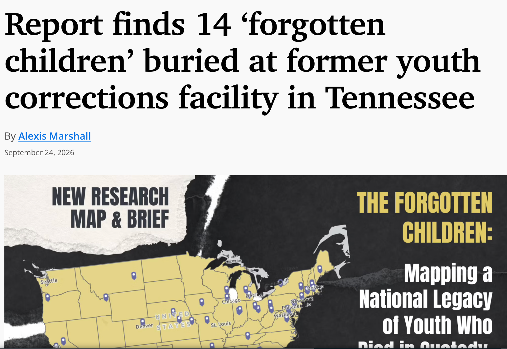 Header showing headline from Nashville Public Radio "Report finds 14 'forgotten children' buried at former youth corrections facility in Tennessee"